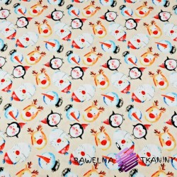 Cotton Jersey knit digital printing of Christmas Santa's & snowman on beige background