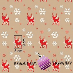 Cotton Christmas reindeer pattern with snowflakes on a beige background