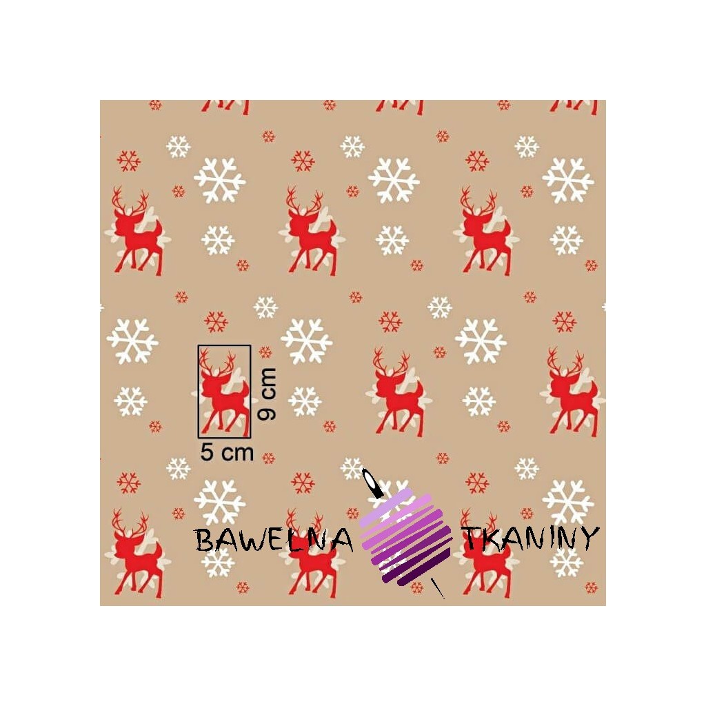 Cotton Christmas reindeer pattern with snowflakes on a beige background