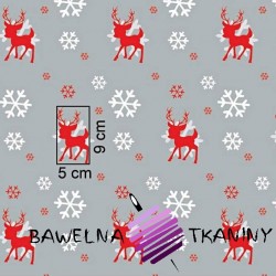 Cotton Christmas reindeer pattern with snowflakes on a gray background