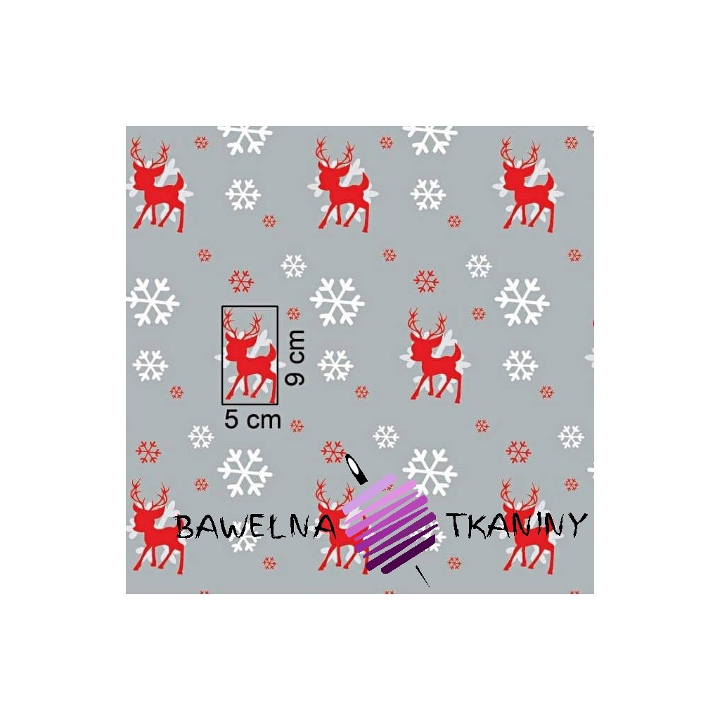 Cotton Christmas reindeer pattern with snowflakes on a gray background