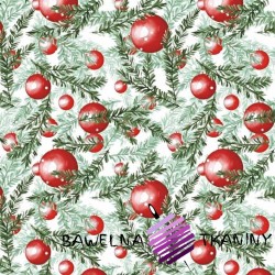 Cotton Christmas pattern of red baubles with twigs on a white background