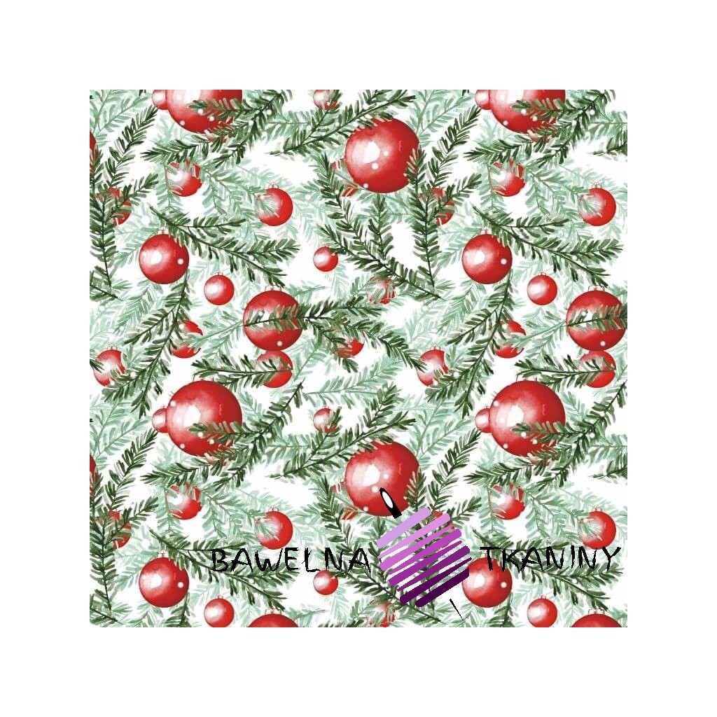 Cotton Christmas pattern of red baubles with twigs on a white background