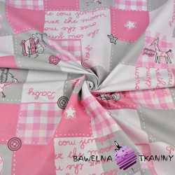 Cotton patchwork gray-pink animals on white background