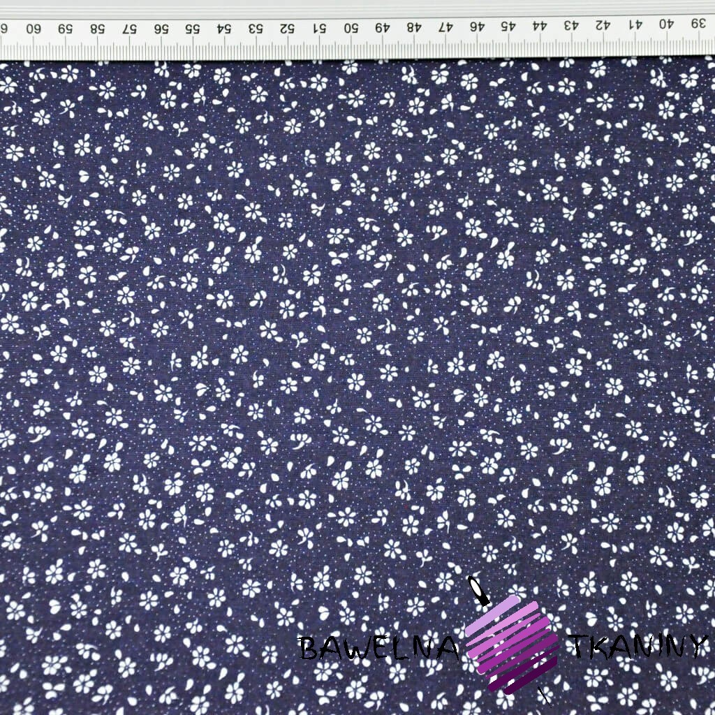 Cotton MINI white meadow with dots on navy background