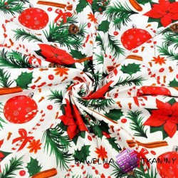 Cotton pattern Christmas red-green holly and bubbles on a white background