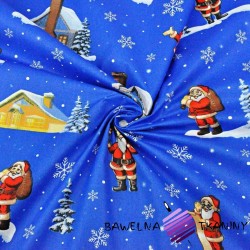 Cotton pattern Christmas Santas with houses on blue background