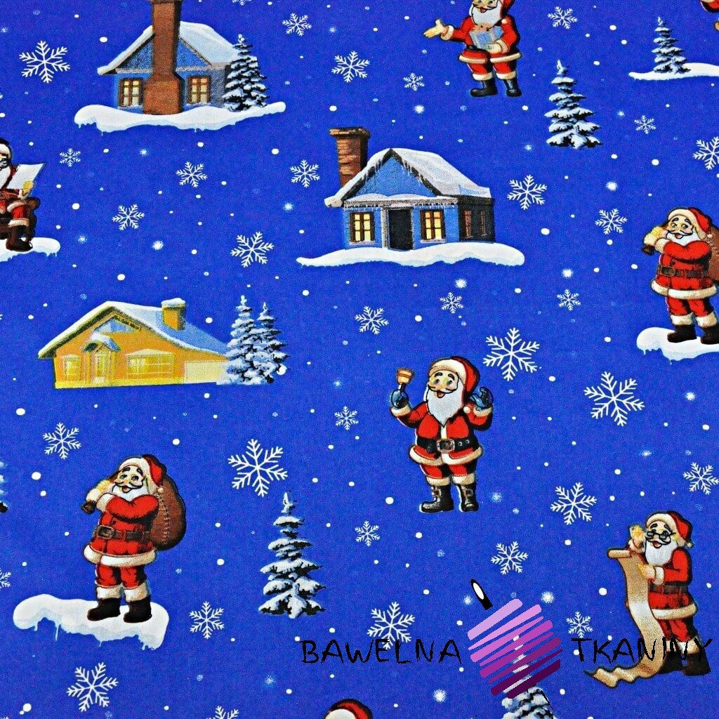 Cotton pattern Christmas Santas with houses on blue background