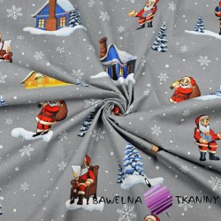 Cotton pattern Christmas Santas with houses on gray background