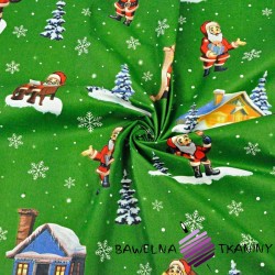 Cotton pattern Christmas Santas with houses on green background