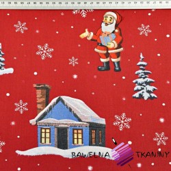 Cotton pattern Christmas Santas with houses on red background