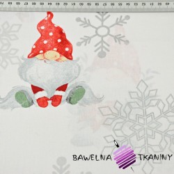 wzór świąteczny skrzaty ze posrebrzonymi śnieżynkami na białym tle
