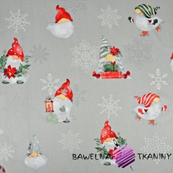 wzór świąteczny skrzaty ze posrebrzonymi śnieżynkami na szarym tle
