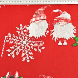 Cotton Christmas pattern dwarfs in pairs with silver-plated snowflakes on a red background