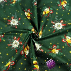 Bawełna wzór świąteczny dzwoneczki i wiązanki złocone na ciemno zielonym tle