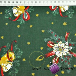 Bawełna wzór świąteczny dzwoneczki i wiązanki złocone na ciemno zielonym tle