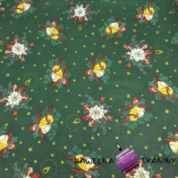Cotton Cotton Christmas pattern bells and bouquets gilded on a dark green background