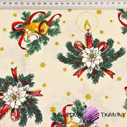 wzór świąteczny dzwoneczki i wiązanki złocone na waniliowym tle