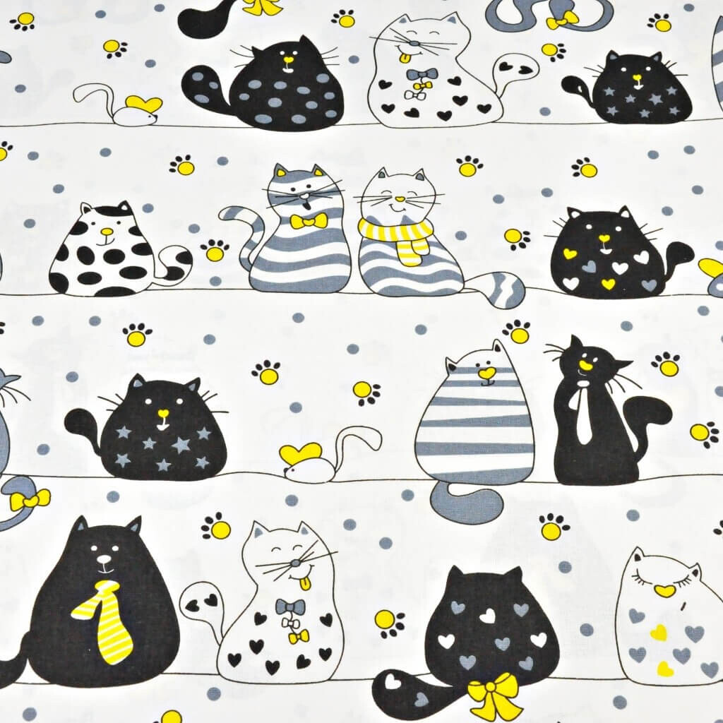 Cotton crazy cats with yellow additives on white stripped backgrounds