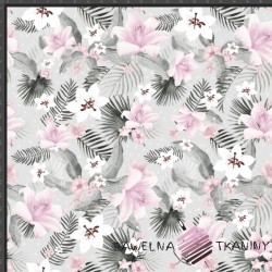 Cotton Jersey digital print -leaves and pink flowers on gray background