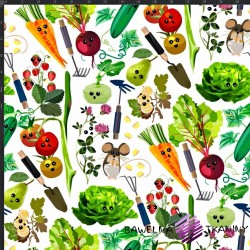 Cotton Jersey knit digital printing of vegetables on a market stall