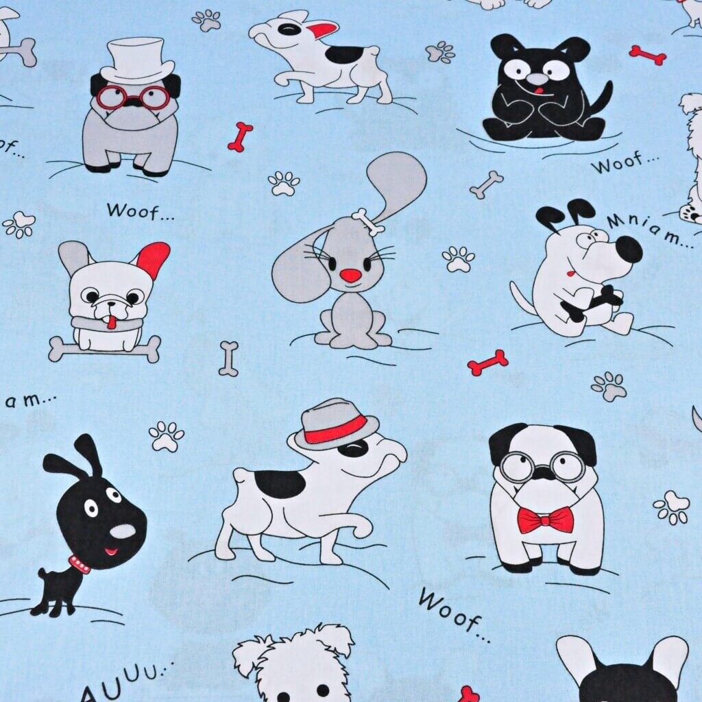 Cotton crazy dogs on light blue backgrounds