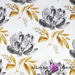 Cotton large flowers painted gray - gold on white background 220cm