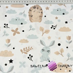 Cotton beige hedgehogs with rabbits on a white background