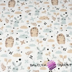 Cotton beige hedgehogs with rabbits on a white background