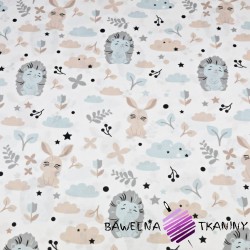 Cotton gray-blue hedgehogs with rabbits on a white background