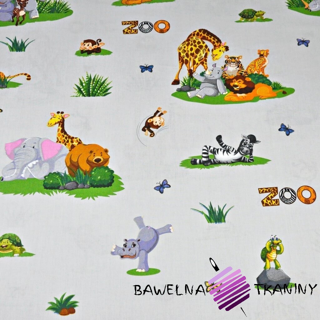 Cotton fabric zoo animals (light gray background) | fabric shop