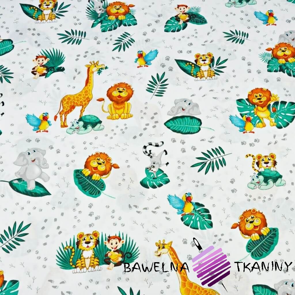 Cotton fabric African animals with leaves (Emerald) | fabric shop