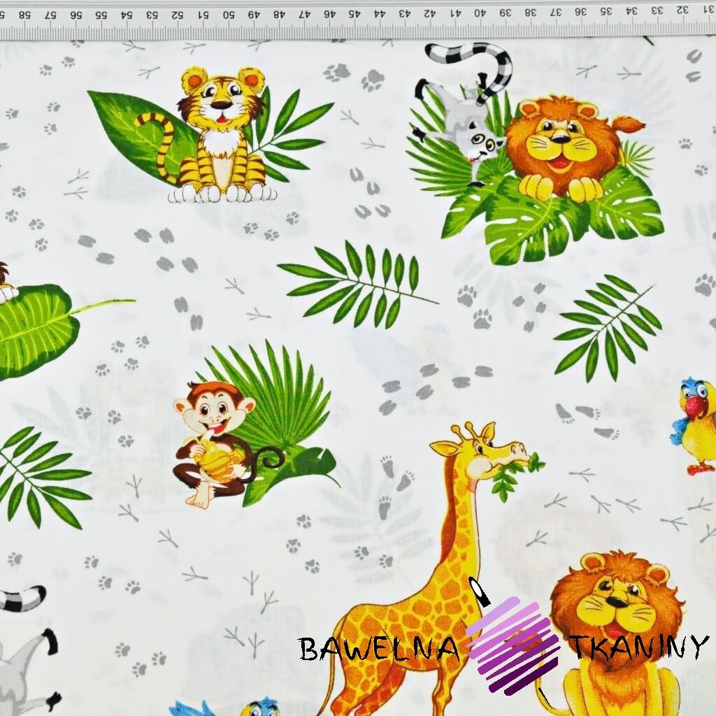 Cotton fabric African animals with leaves (green) | fabric shop