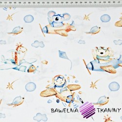 Cotton animals in brown-blue airplanes on a white background