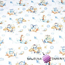 Cotton animals in brown-blue airplanes on a white background