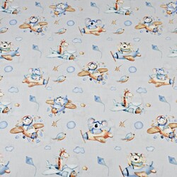 Cotton animals in brown-blue airplanes on a gray background