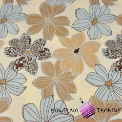 Cotton Large beige-blue flowers on a vanilla background