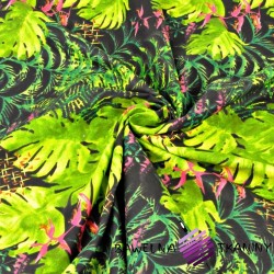liście zielone palmowe ze storczykiem różowy na czarnym tle