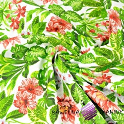 Cotton Torso flowers red-white with green leaves on a white background - 220cm
