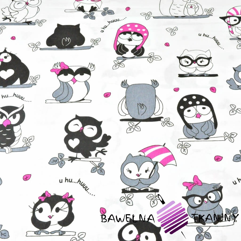 Cotton crazy owls with pink additives on white background