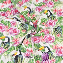 Cotton toucans with pink flowers on a white background