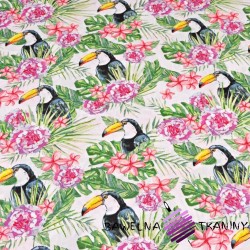 Cotton toucans with pink flowers on a white background