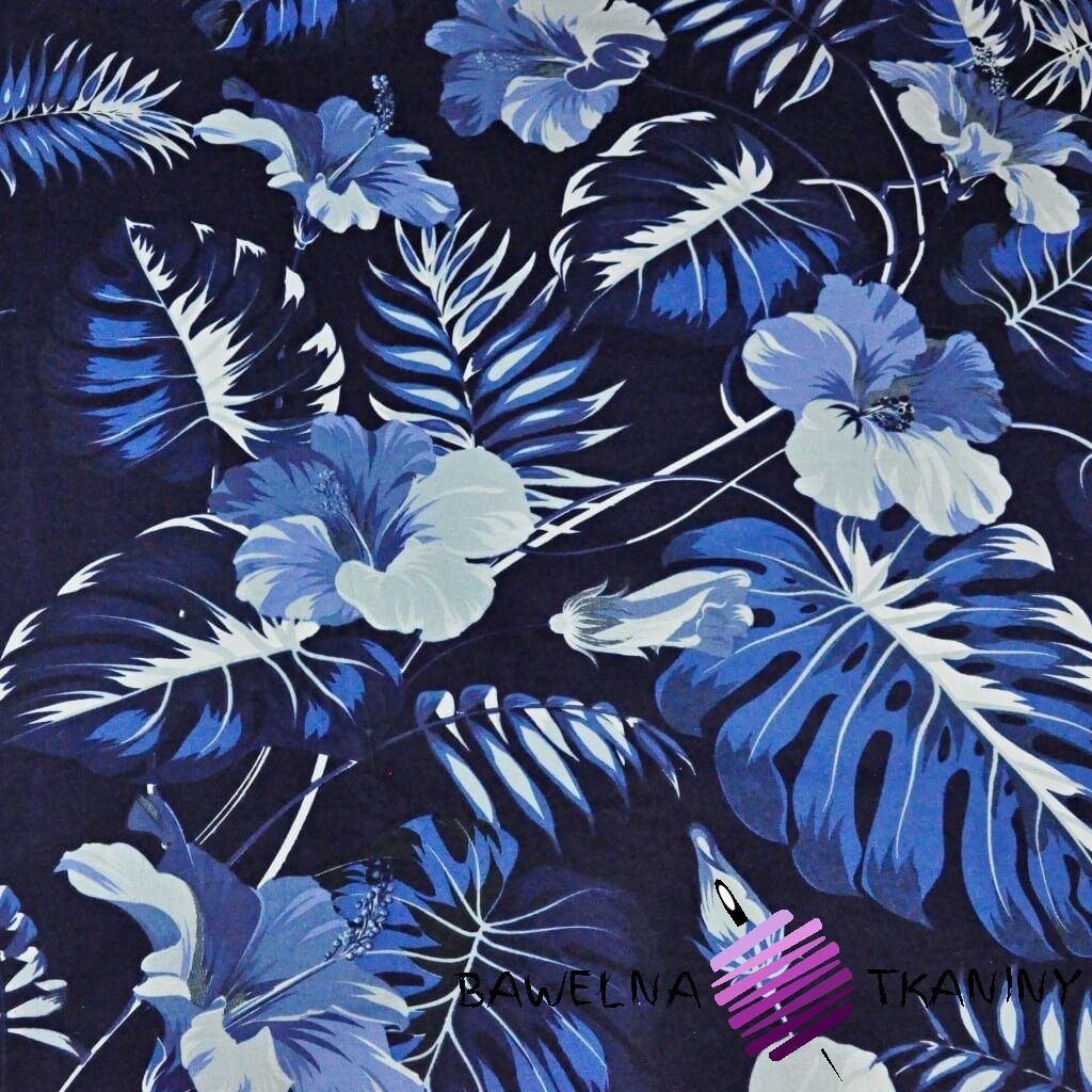liście z kwiatem hibiskusa niebieskie na granatowym tle
