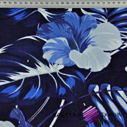 Cotton leaves with blue hibiscus flower on navy background - 220cm