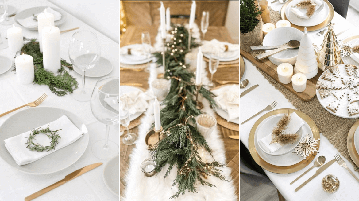 Biel i złoto: minimalistyczne kolory świąteczne, przykłady dekoracji stołu