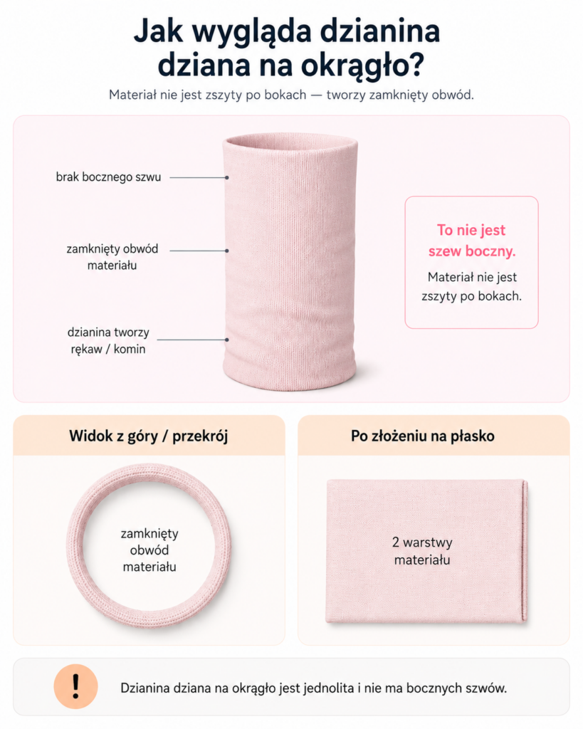 Infografika wyjaśniająca, jak wygląda dzianina dziana na okrągło (w rękawie) – zamknięty obwód materiału bez bocznego szwu oraz sposób składania na płasko.