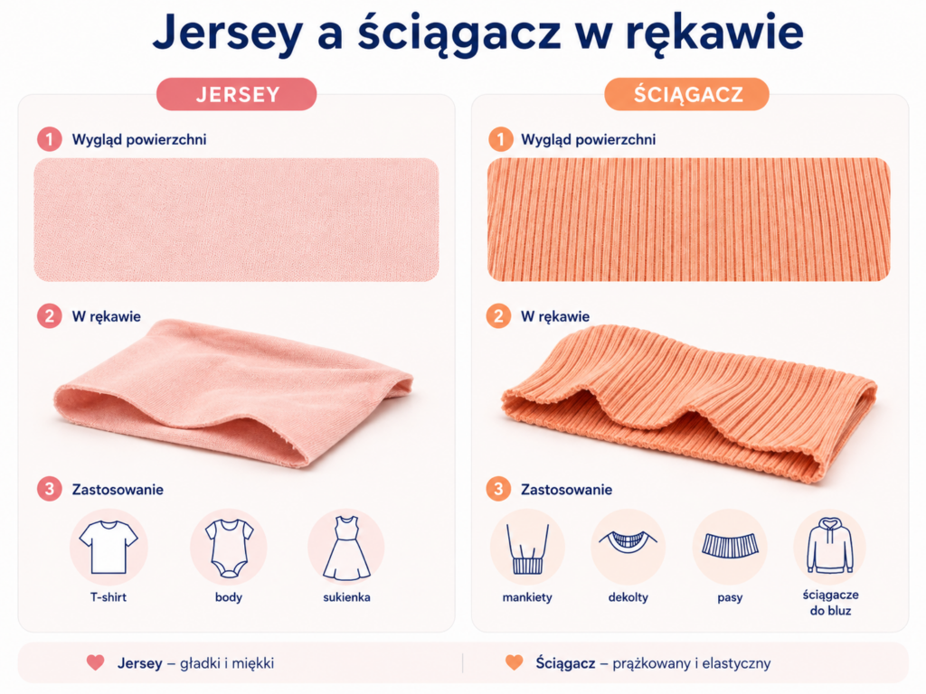 Infografika porównująca jersey i ściągacz w rękawie – różnice w wyglądzie, strukturze oraz zastosowaniu dzianin do odzieży.