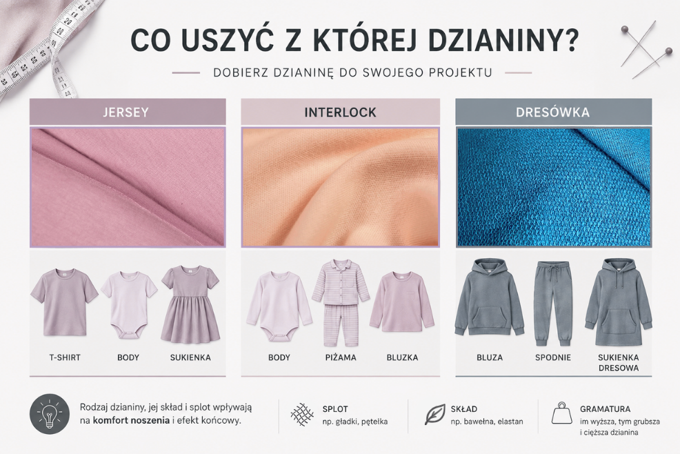 Jersey, interlock i dresówka – porównanie zastosowań dzianin na T-shirt, body, piżamę, bluzę i spodnie